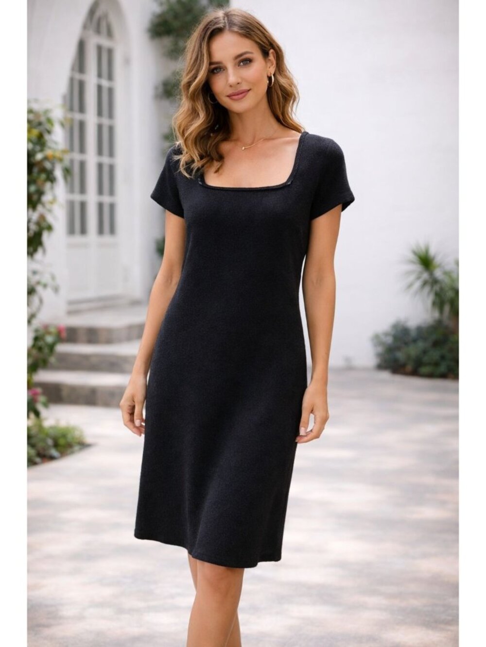 Saint Tropez West Black Short Sleeve Wool Dress Size S Classic Preppy Formal